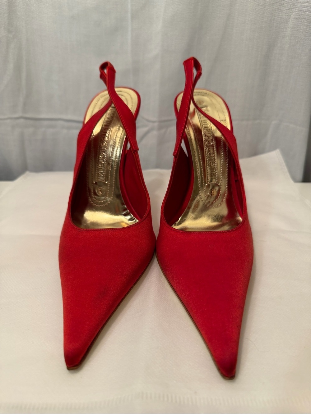 Gianmarco Lorenzi Red Satin Jeweled Heel Slingback Pumps EU 36.5 Italy